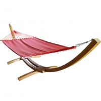 Toucan Outdoor Sunbrella Fabric Hammock,14 Feet Wood Arc Hammock Stand,Backyard Setting,Elegant Red Stripe