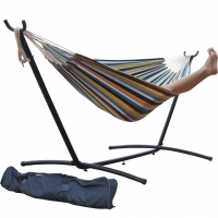 Toucan Outdoor 9 FT. Double Hammock with Space Saving Steel Hammock Stand, Elegant Coast Stripe