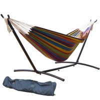 Toucan Outdoor 9 FT. Double Hammock with Space Saving Steel Hammock Stand. Elegant Rainbow Stripe