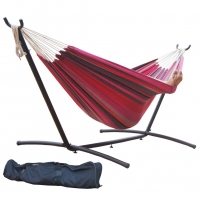 Toucan Outdoor 9 FT. Double Hammock with Space Saving Steel Hammock Stand, Cherry Stripe