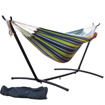 Toucan Outdoor 9 FT. Double Hammock with Space Saving Steel Hammock Stand. Elegant Oasis Stripe