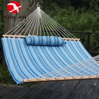 Toucan Outdoor 13 FT Quilted Double Fabric Hammock,Poly Fiber Stuffing Pillow,including A Chain Hanging Kit.Accommodate 2 People 450 lbs,Light Blue Stripes
